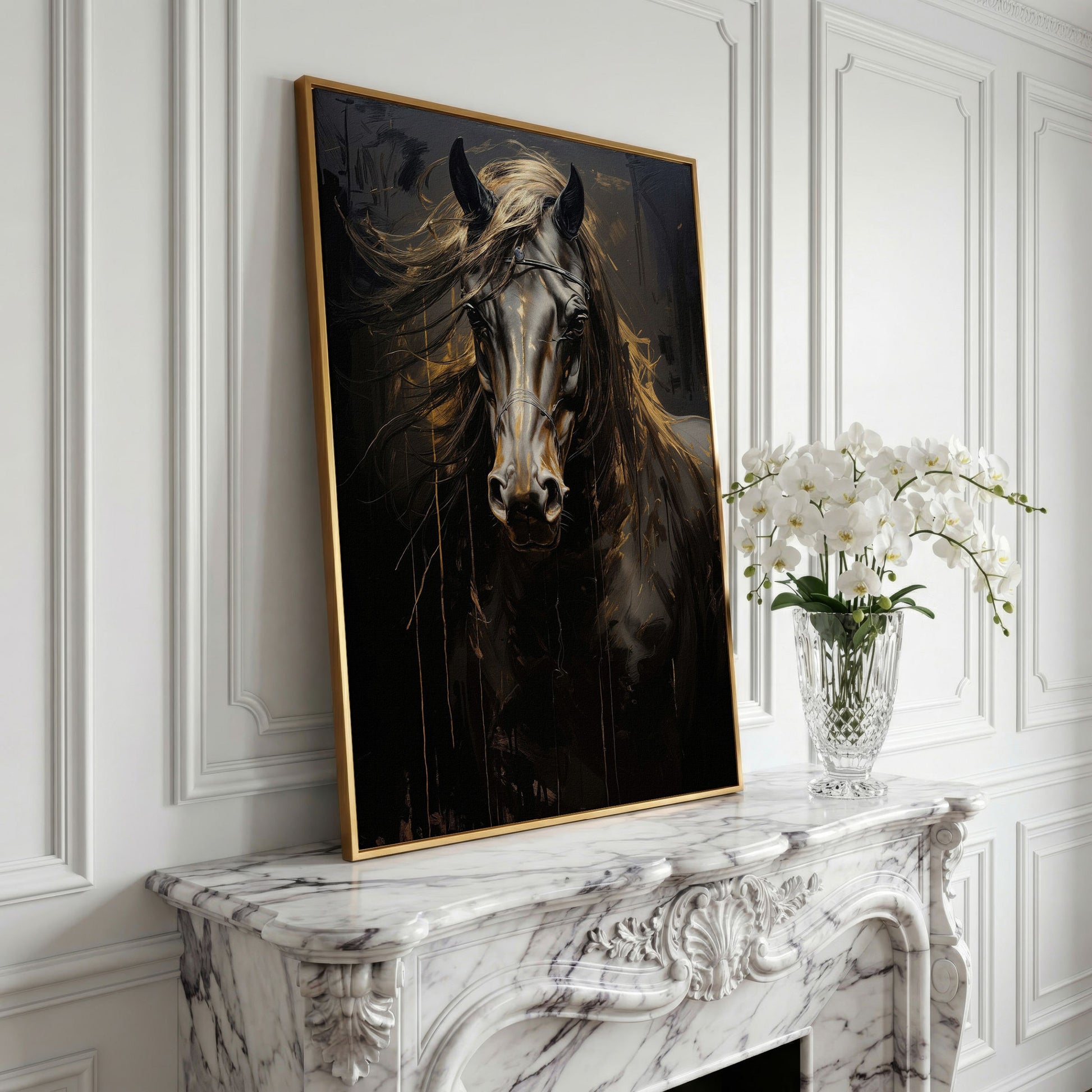 Black & Gold Horse Head Canvas Print in yellow gold floating frame