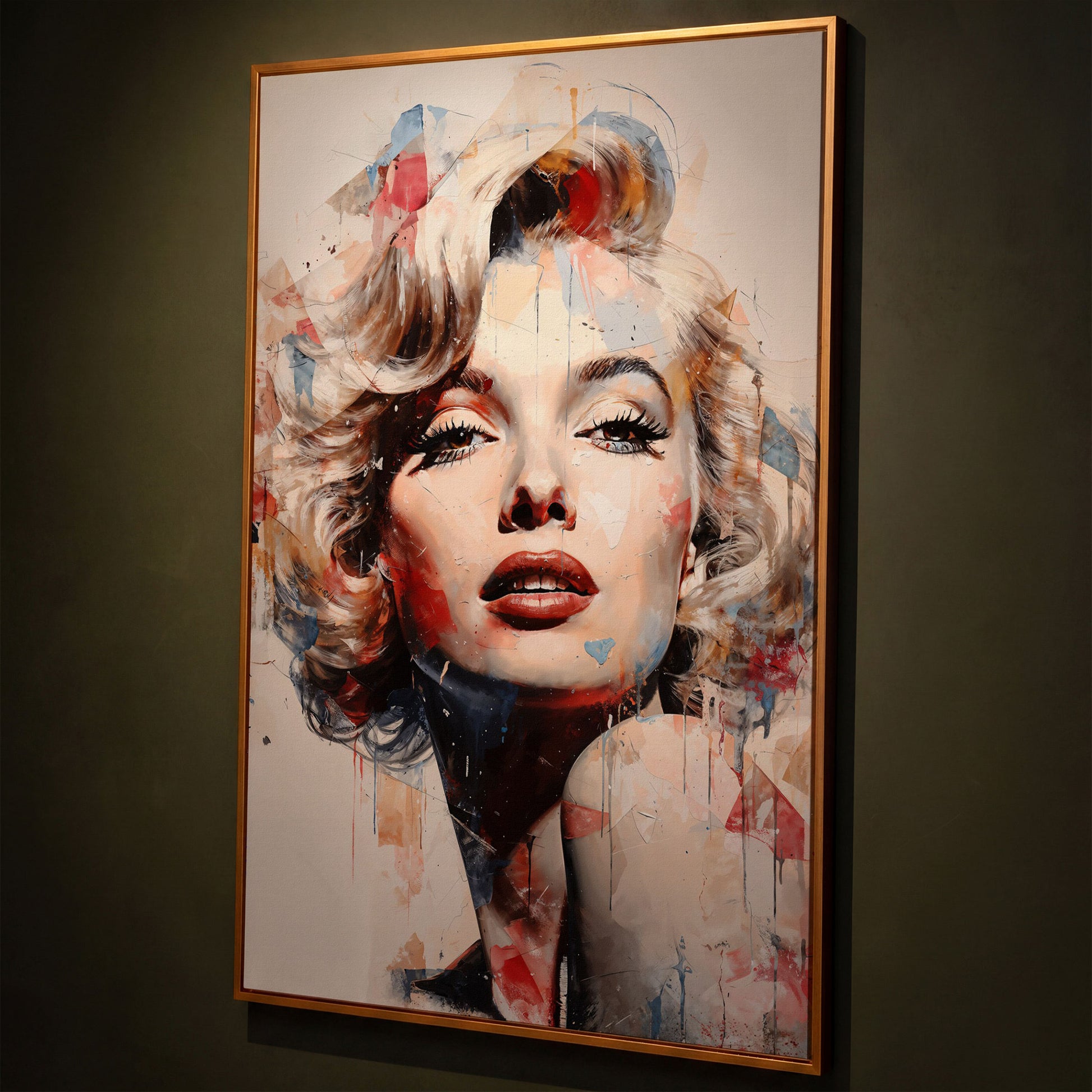 Marilyn Monroe Pop Portrait Canvas with Paint Drips shown in antique gold floating frame