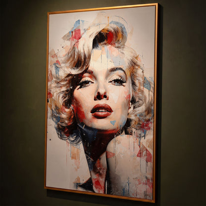 Marilyn Monroe Pop Portrait Canvas with Paint Drips shown in antique gold floating frame