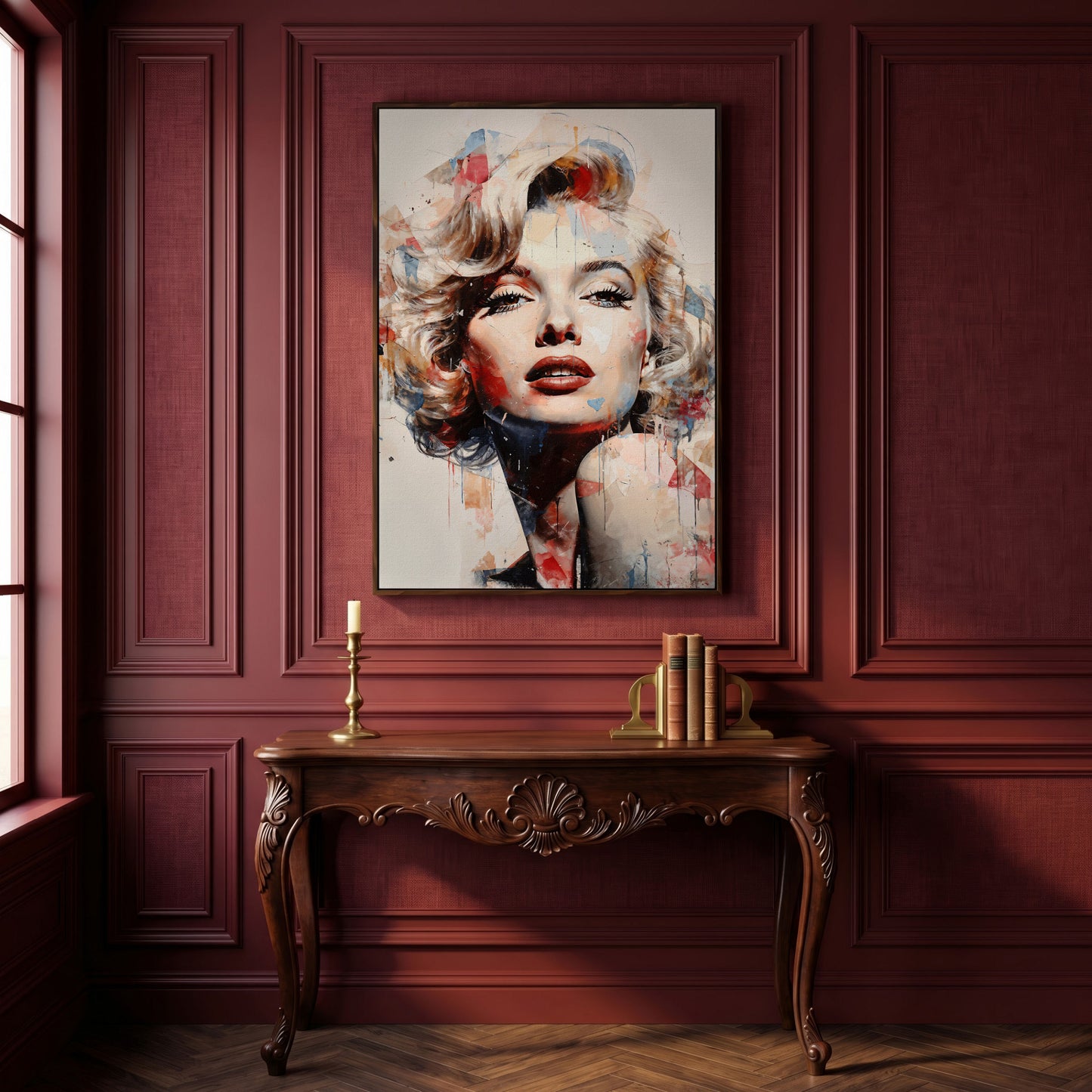 Marilyn Monroe Pop Portrait Canvas with Paint Drips in dark walnut floating frame