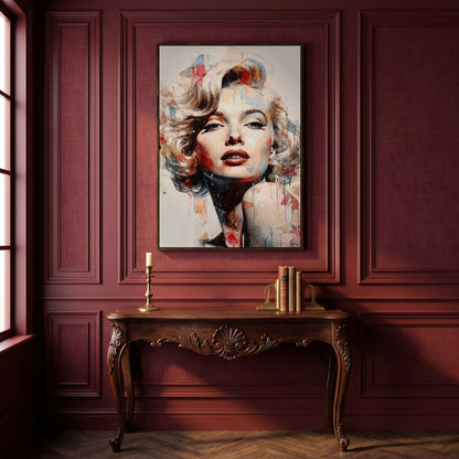 Marilyn Monroe Pop Portrait Canvas with Paint Drips in dark walnut floating frame