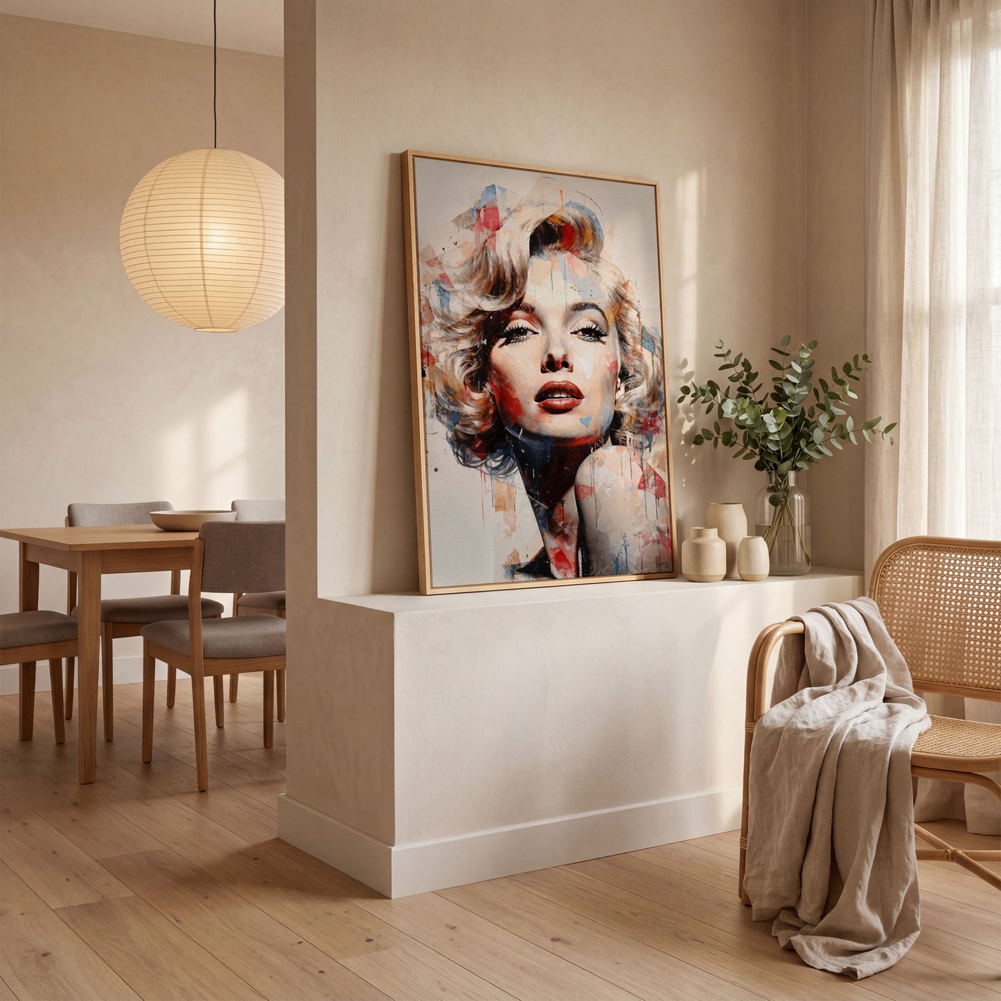 Marilyn Monroe Pop Portrait Canvas with Paint Drips in white oak floating frame