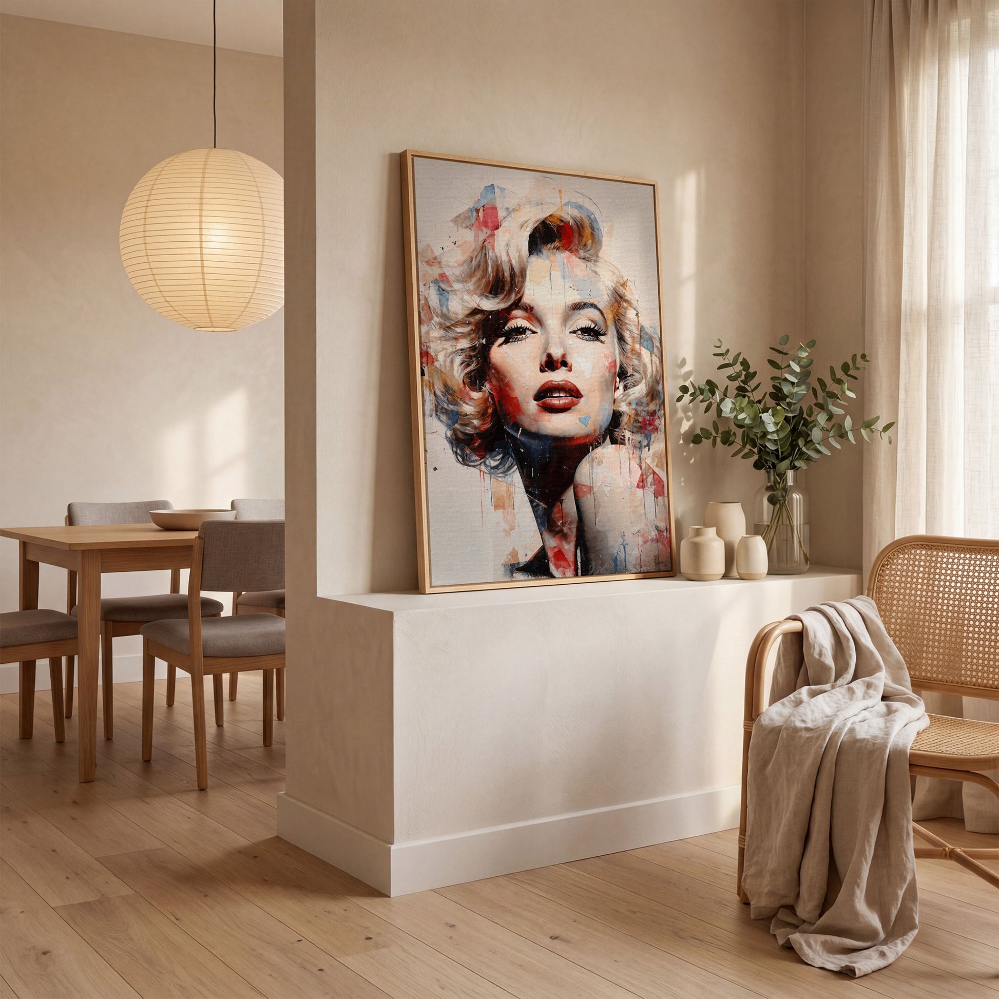 Marilyn Monroe Pop Portrait Canvas with Paint Drips in white oak floating frame