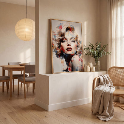 Marilyn Monroe Pop Portrait Canvas with Paint Drips in white oak floating frame