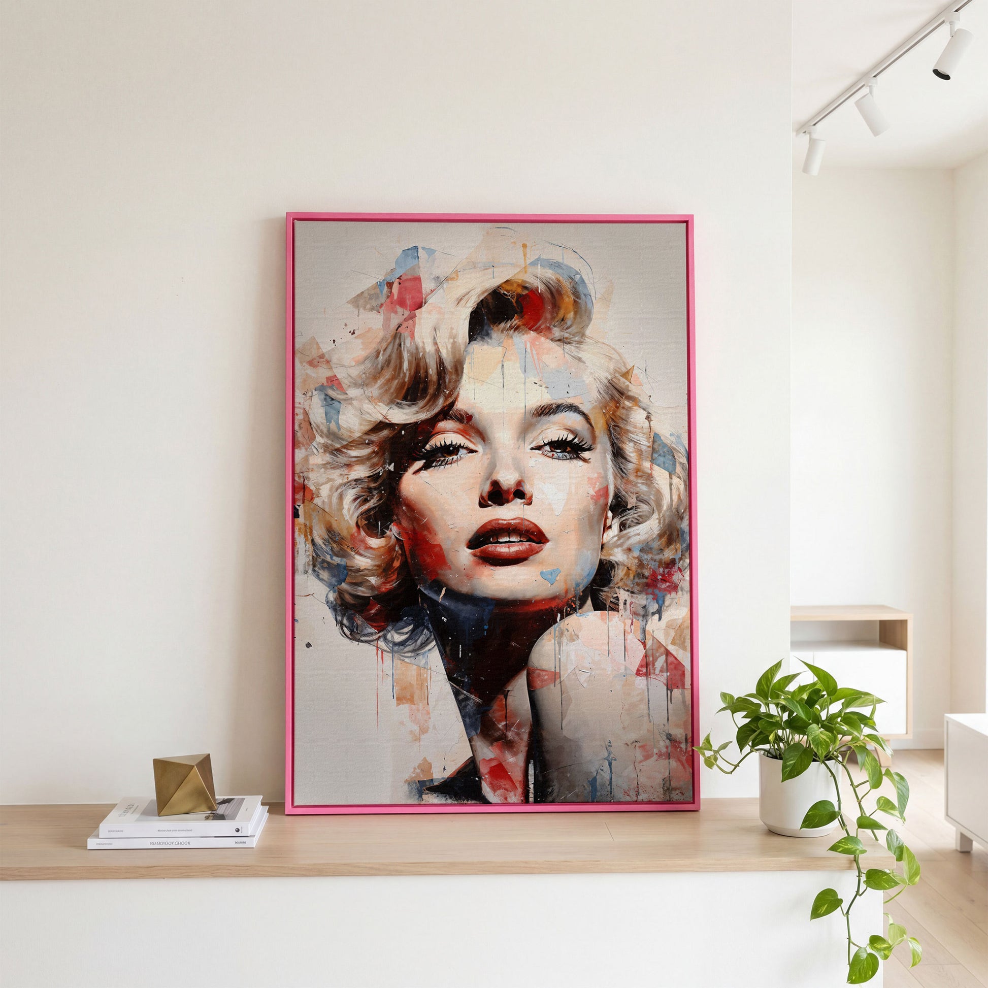 Marilyn Monroe Pop Portrait Canvas with Paint Drips in pink floating frame