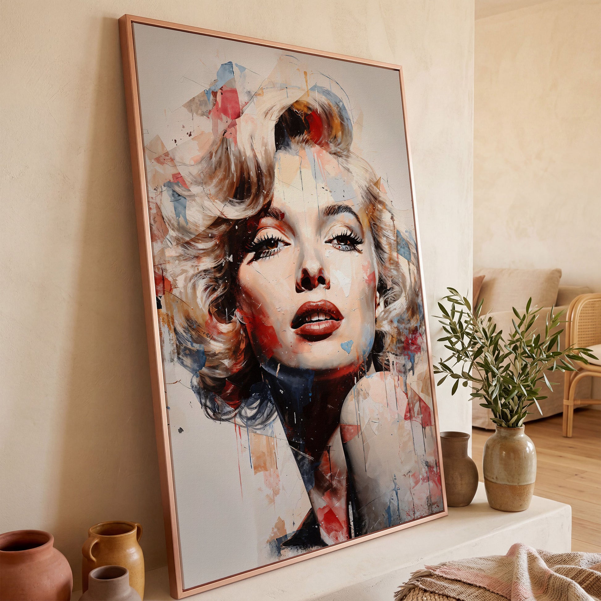 Marilyn Monroe Pop Portrait Canvas with Paint Drips in rose gold floating frame