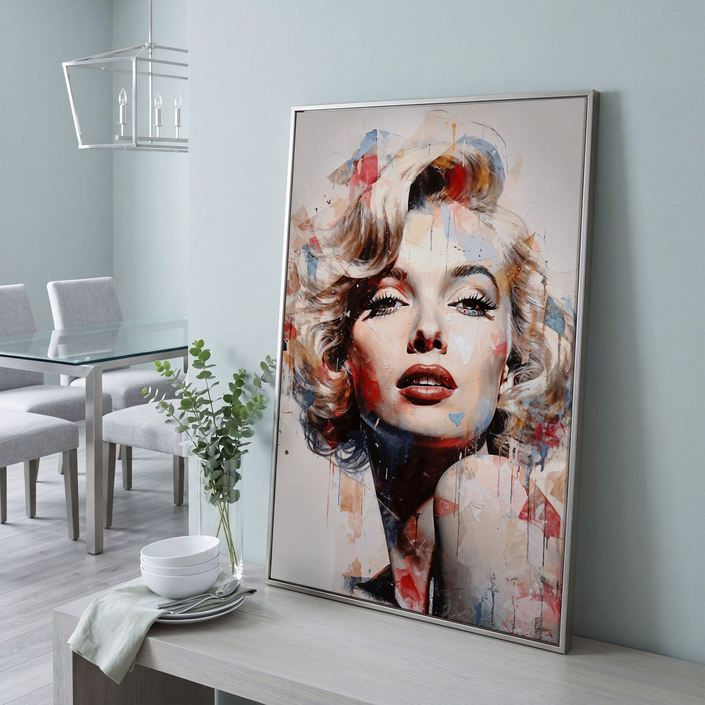 Marilyn Monroe Pop Portrait Canvas with Paint Drips in silver floating frame
