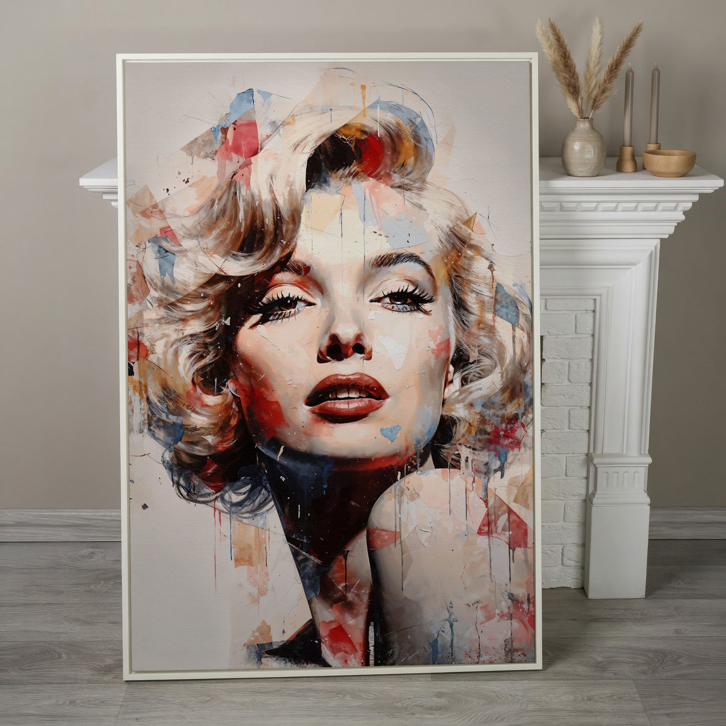 Marilyn Monroe Pop Portrait Canvas with Paint Drips in white floating frame
