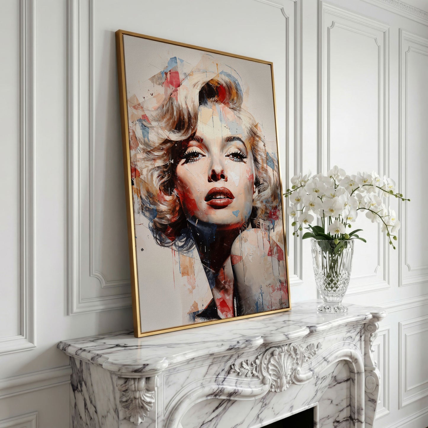 Marilyn Monroe Pop Portrait Canvas with Paint Drips in yellow gold floating frame