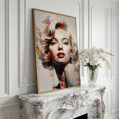 Marilyn Monroe Pop Portrait Canvas with Paint Drips in yellow gold floating frame
