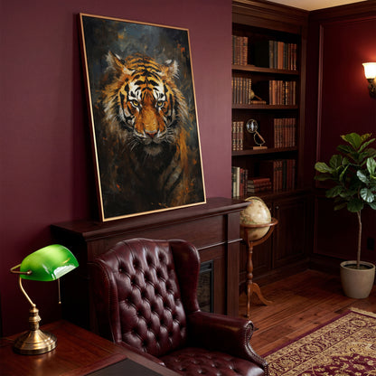 Tiger Portrait Canvas Wall Art in antique gold floating frame