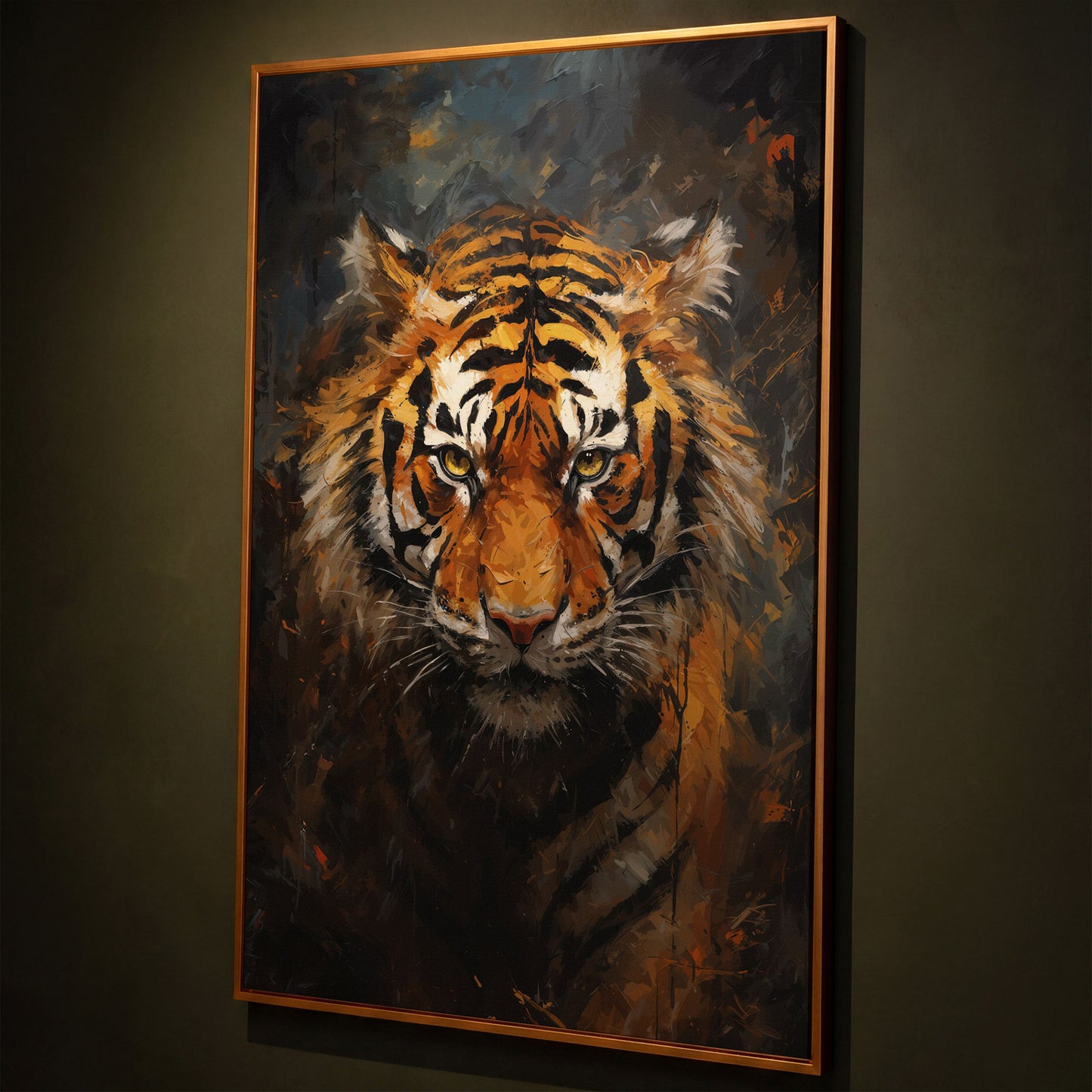 Tiger Portrait Canvas Wall Art shown in antique gold floating frame