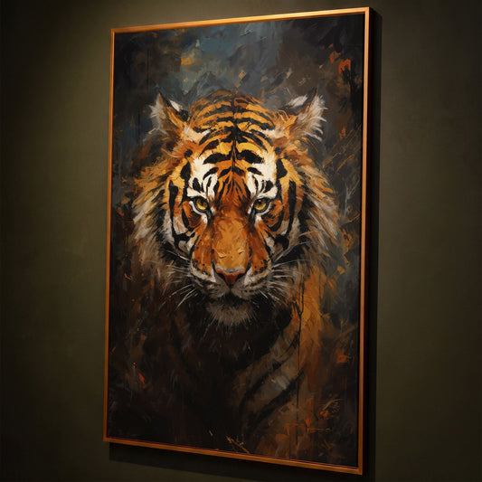 Tiger Portrait Canvas Wall Art shown in antique gold floating frame