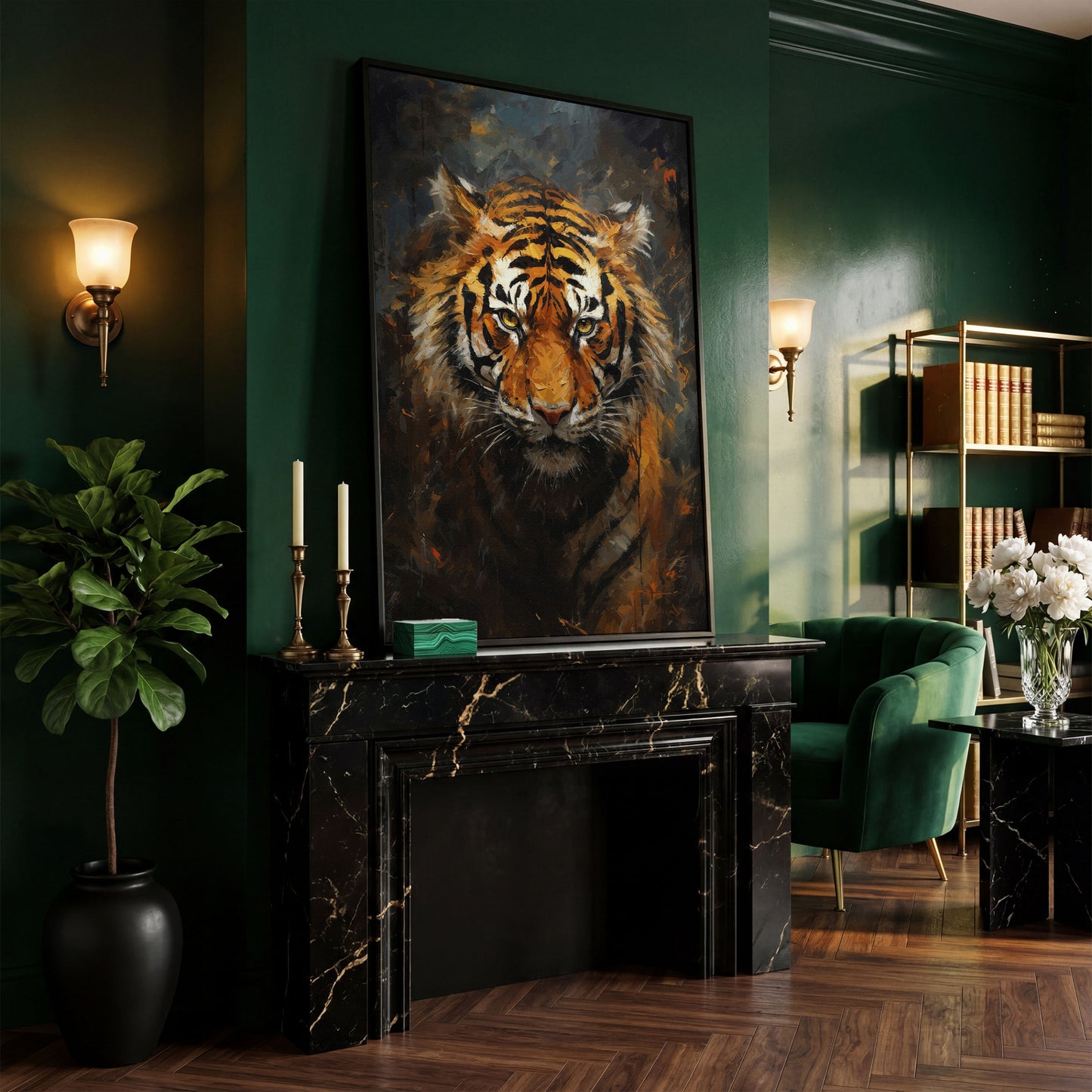 Tiger Portrait Canvas Wall Art in black floating frame