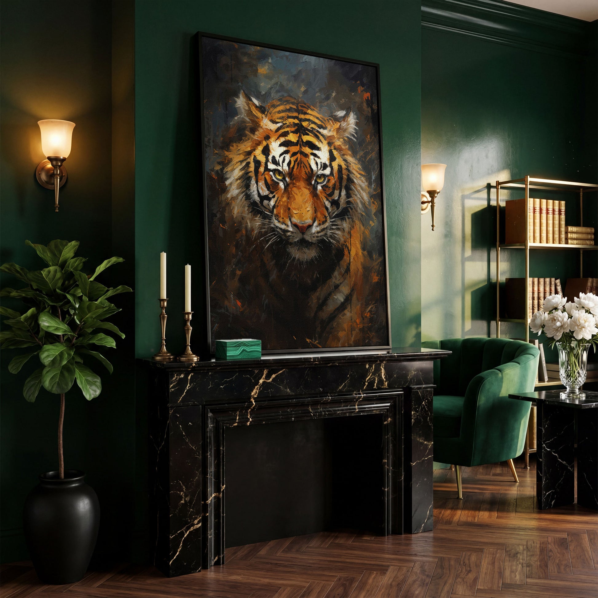 Tiger Portrait Canvas Wall Art in black floating frame
