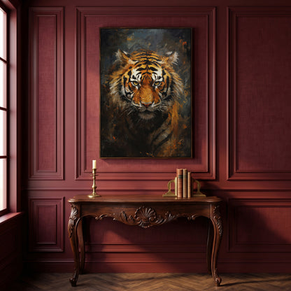 Tiger Portrait Canvas Wall Art in dark walnut floating frame