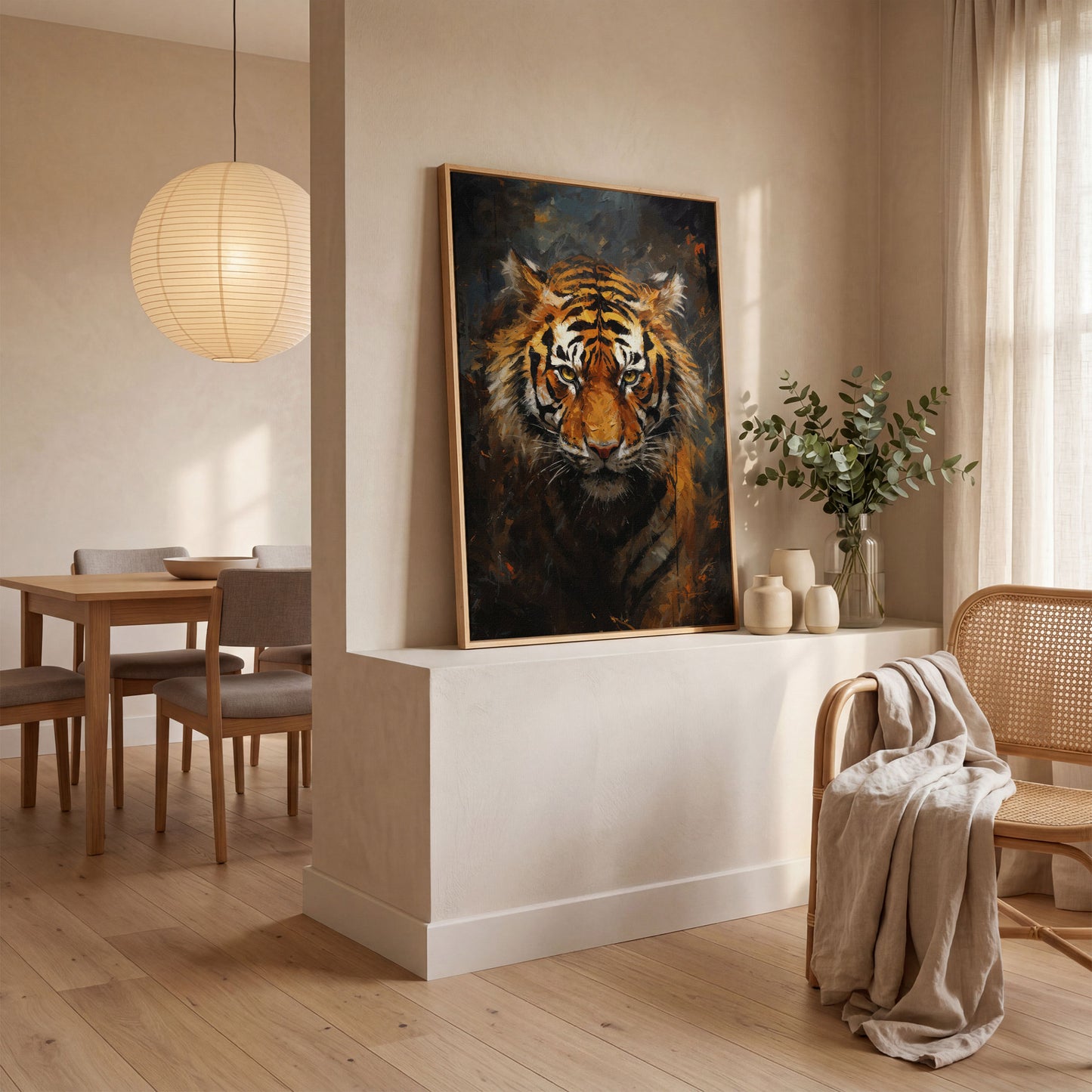 Tiger Portrait Canvas Wall Art in white oak floating frame