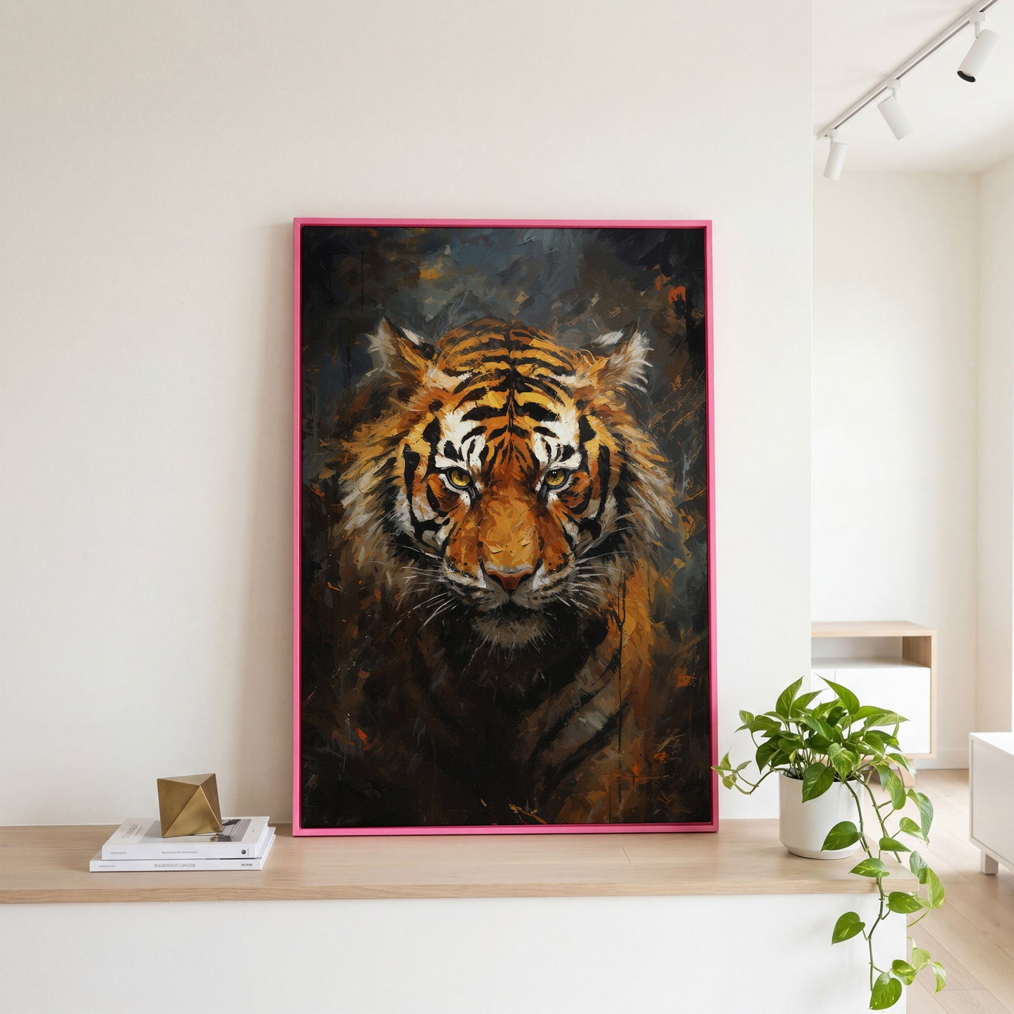 Tiger Portrait Canvas Wall Art in pink floating frame