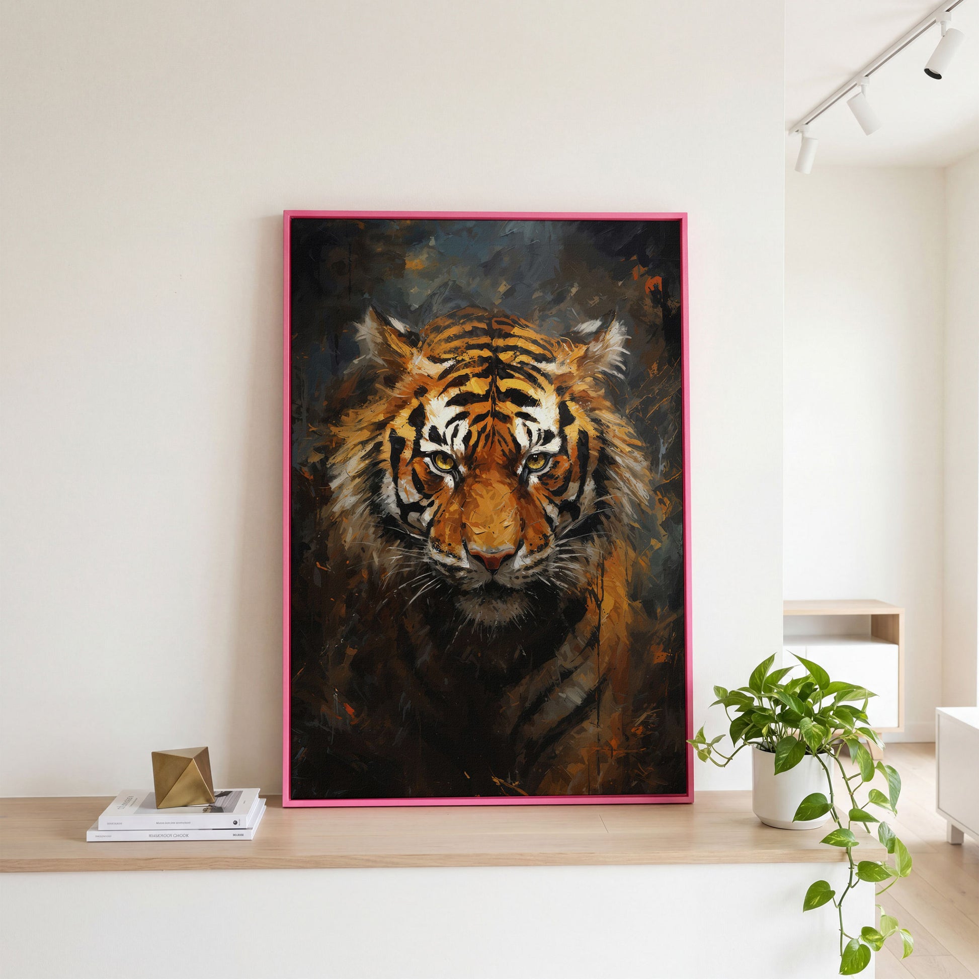 Tiger Portrait Canvas Wall Art in pink floating frame