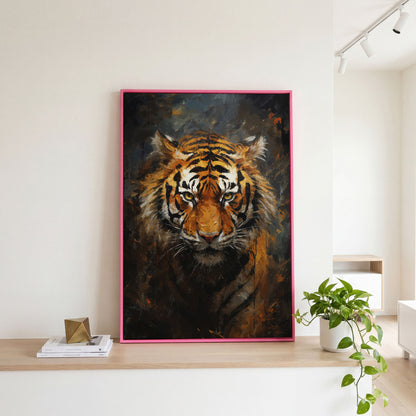 Tiger Portrait Canvas Wall Art in pink floating frame