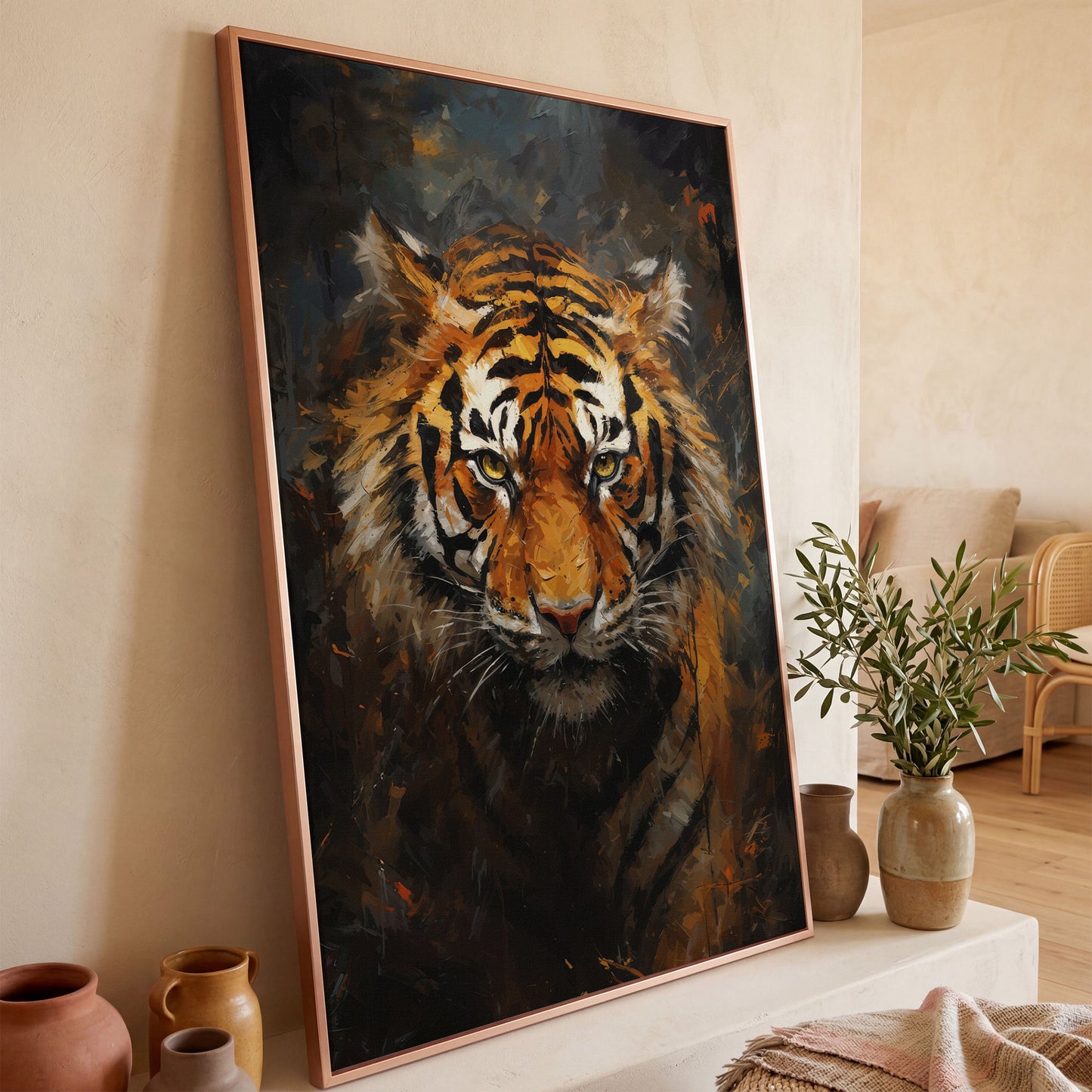 Tiger Portrait Canvas Wall Art in rose gold floating frame