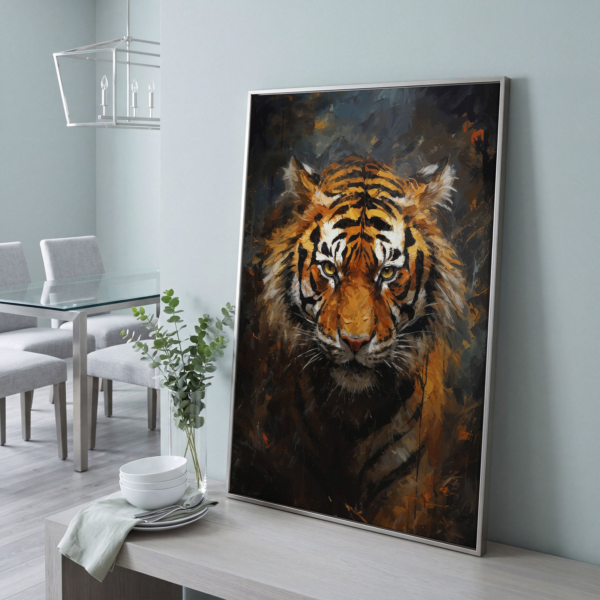Tiger Portrait Canvas Wall Art in silver floating frame