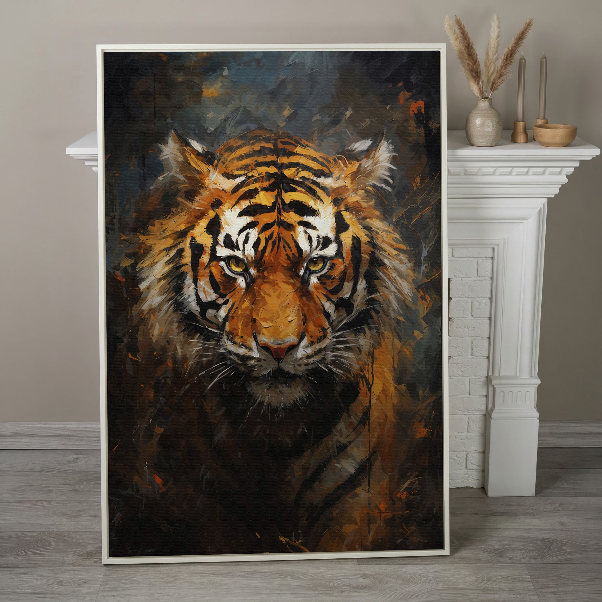 Tiger Portrait Canvas Wall Art in white floating frame