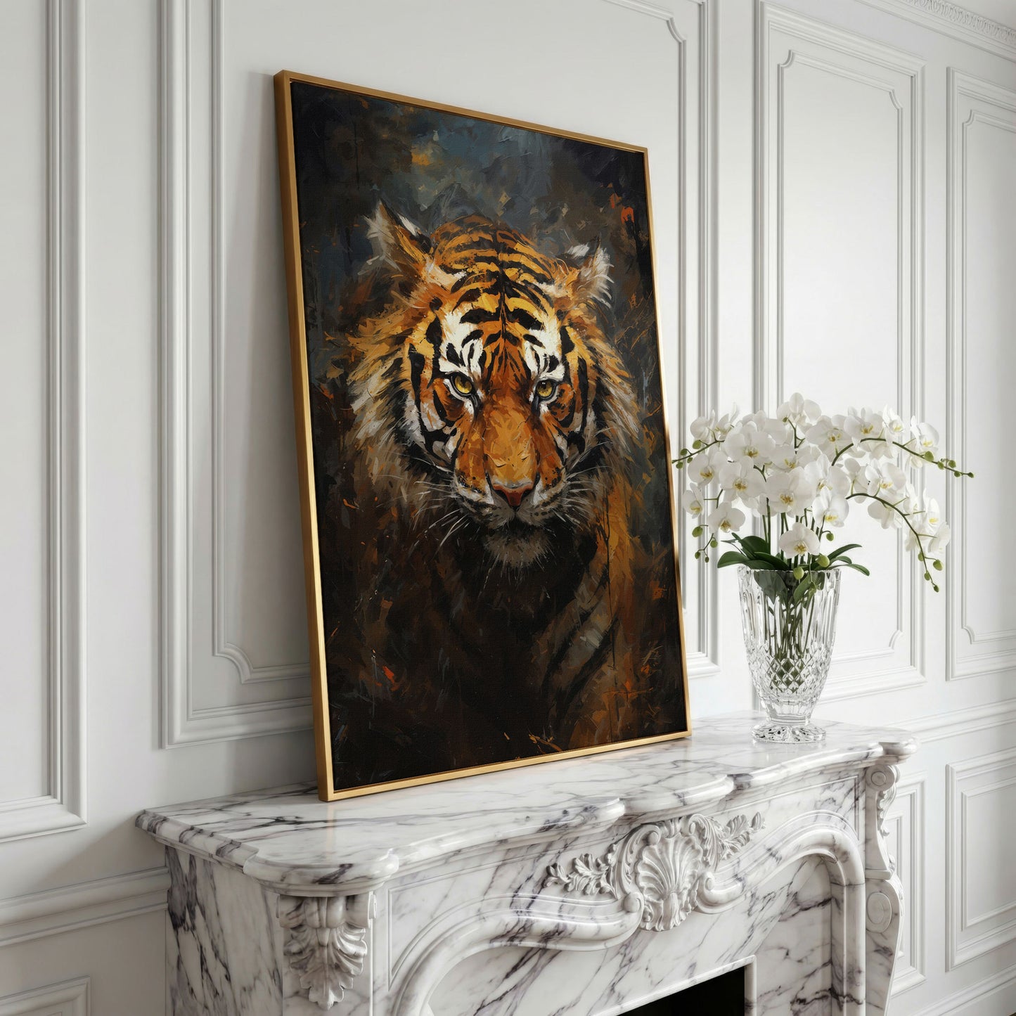 Tiger Portrait Canvas Wall Art in yellow gold floating frame