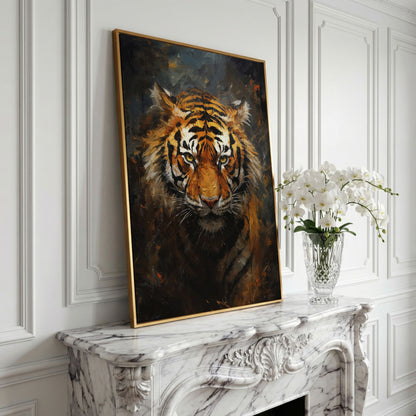 Tiger Portrait Canvas Wall Art in yellow gold floating frame