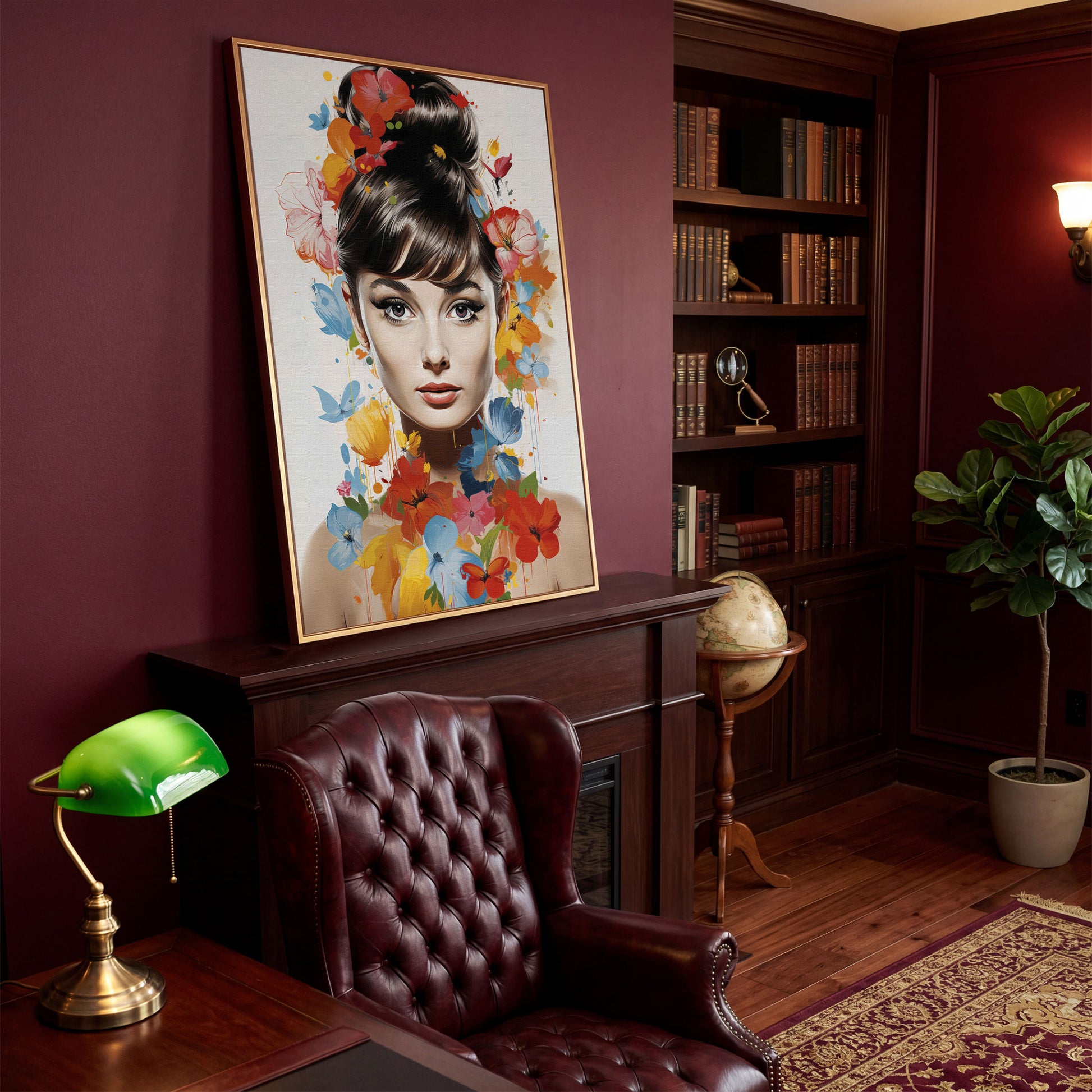 Audrey Hepburn Floral Portrait Canvas in antique gold floating frame