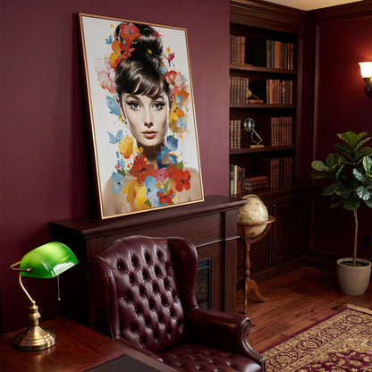 Audrey Hepburn Floral Portrait Canvas in antique gold floating frame