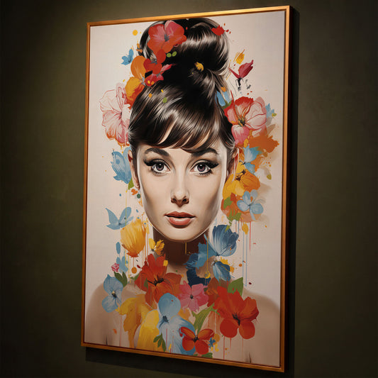 Audrey Hepburn Floral Portrait Canvas shown in antique gold floating frame