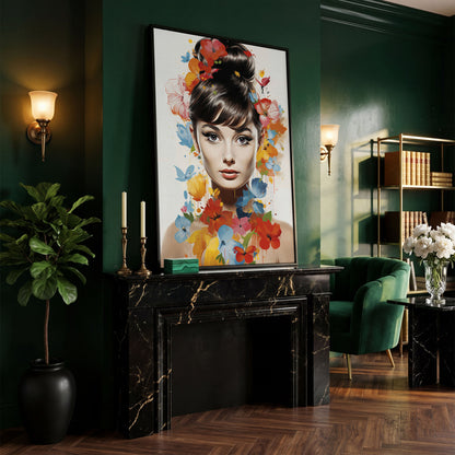 Audrey Hepburn Floral Portrait Canvas in black floating frame