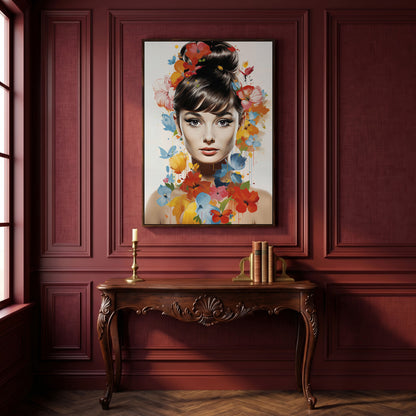 Audrey Hepburn Floral Portrait Canvas in dark walnut floating frame