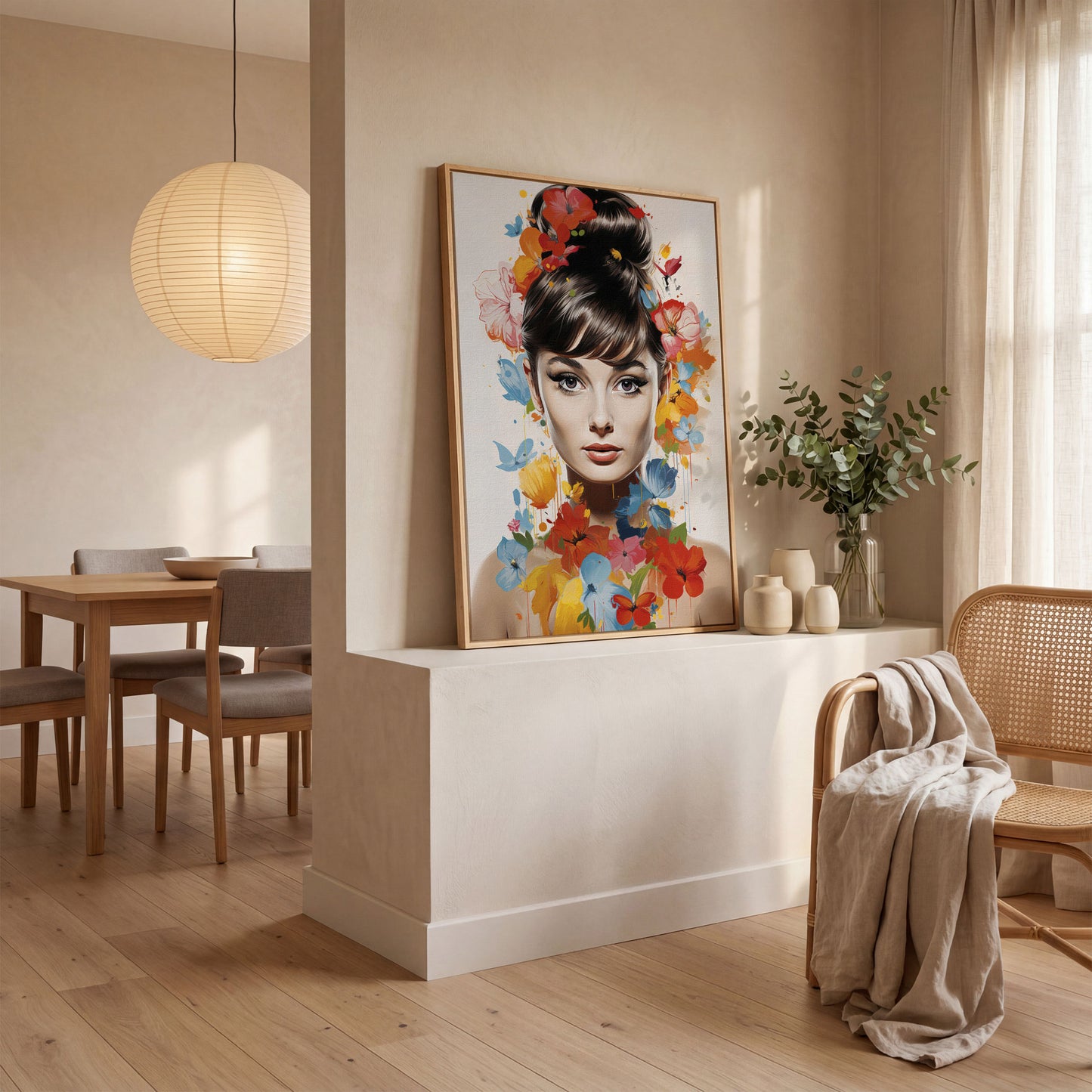Audrey Hepburn Floral Portrait Canvas in white oak floating frame