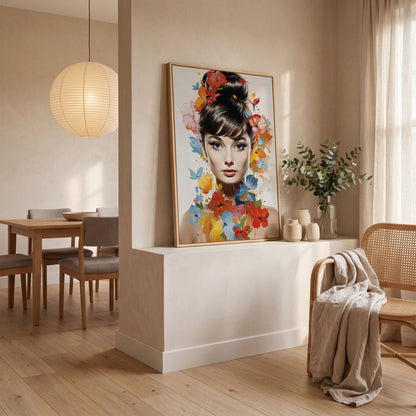 Audrey Hepburn Floral Portrait Canvas in white oak floating frame