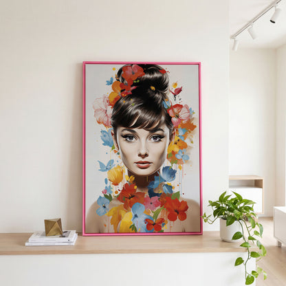 Audrey Hepburn Floral Portrait Canvas in pink floating frame