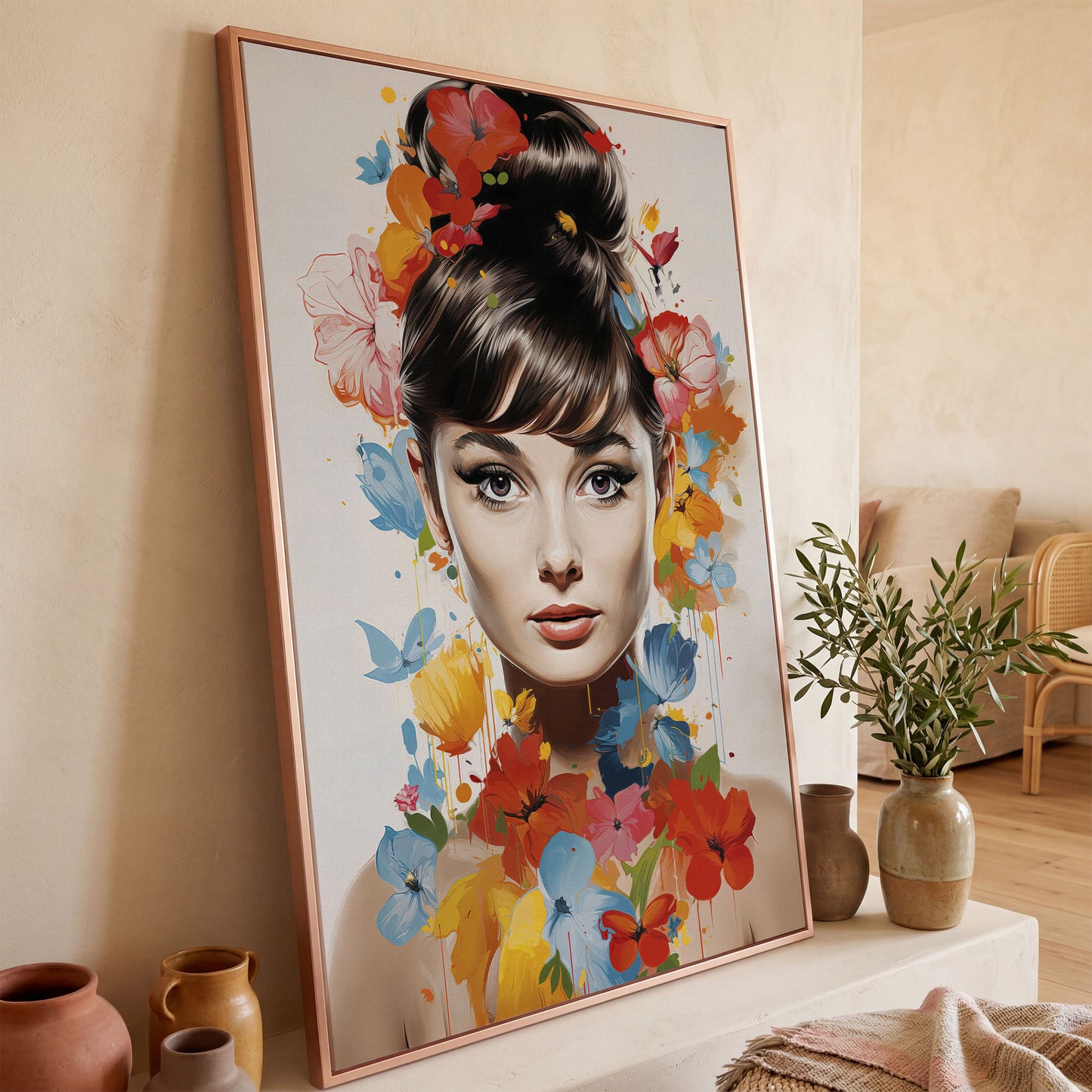 Audrey Hepburn Floral Portrait Canvas in rose gold floating frame