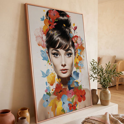 Audrey Hepburn Floral Portrait Canvas in rose gold floating frame