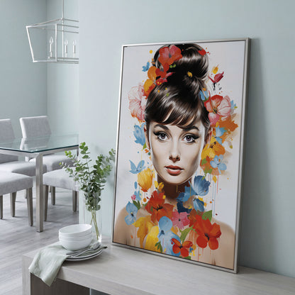 Audrey Hepburn Floral Portrait Canvas in silver floating frame