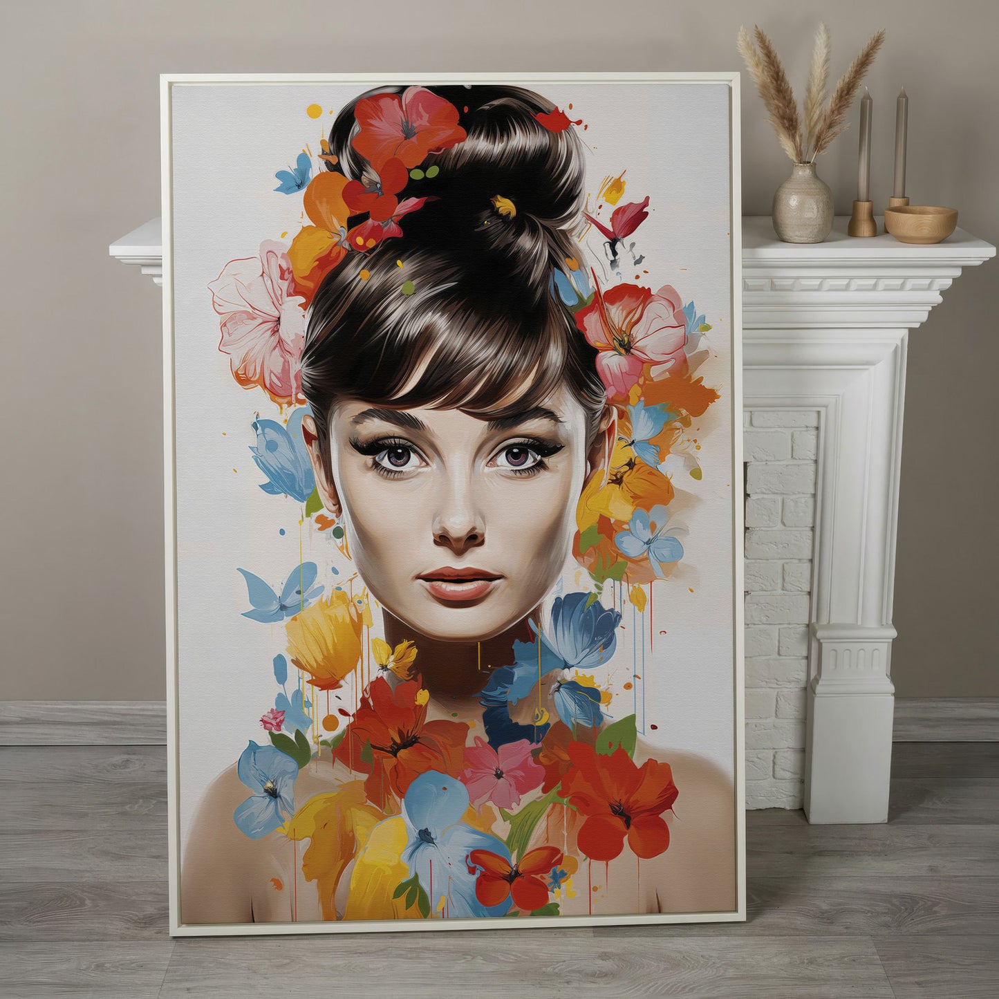 Audrey Hepburn Floral Portrait Canvas in white floating frame