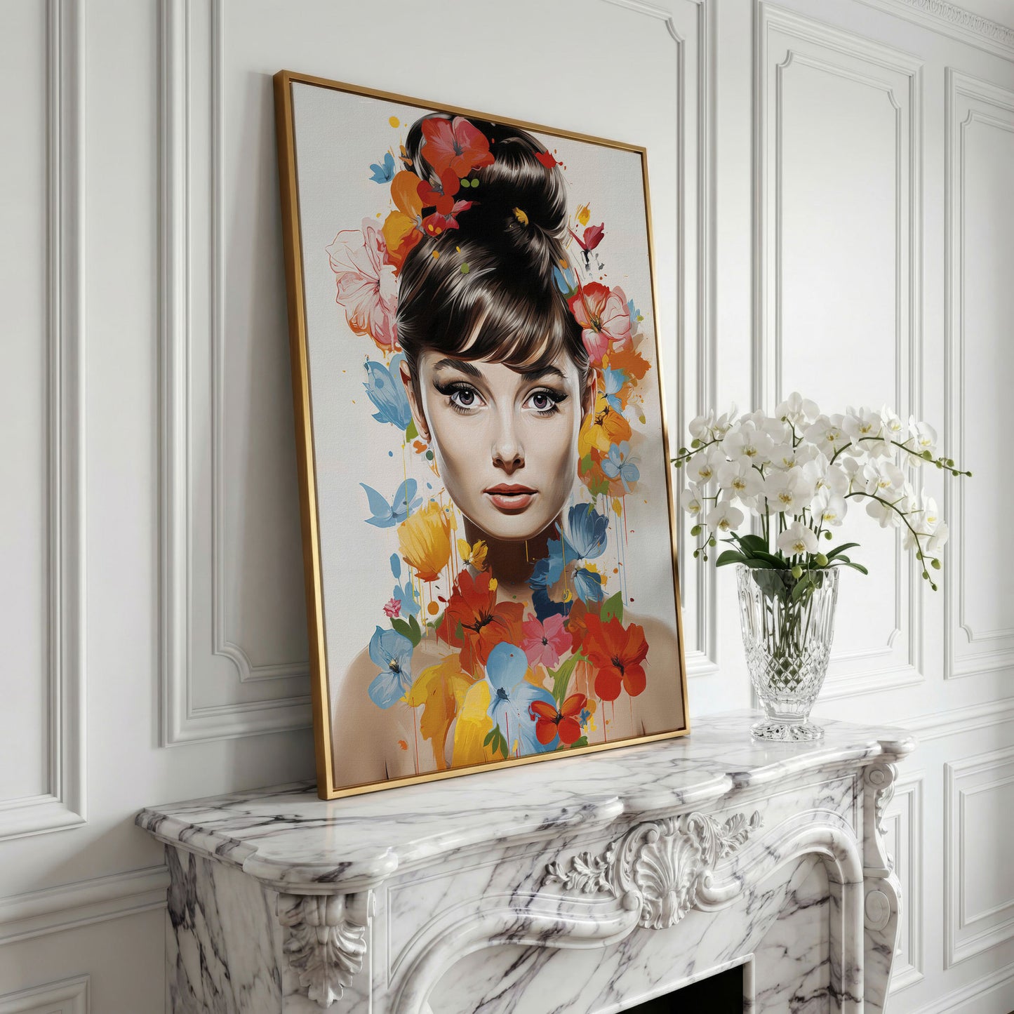 Audrey Hepburn Floral Portrait Canvas in yellow gold floating frame