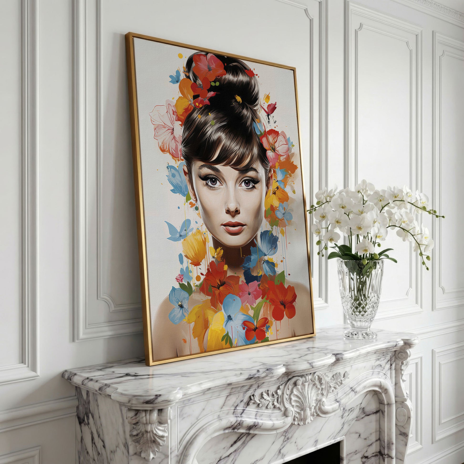 Audrey Hepburn Floral Portrait Canvas in yellow gold floating frame