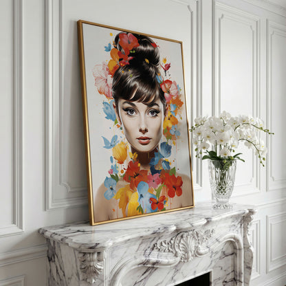 Audrey Hepburn Floral Portrait Canvas in yellow gold floating frame