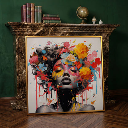 Black Woman with Flowers Canvas Print in antique gold floating frame