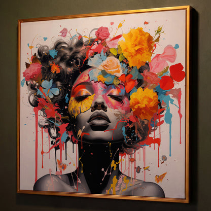 Black Woman with Flowers Canvas Print shown in antique gold floating frame