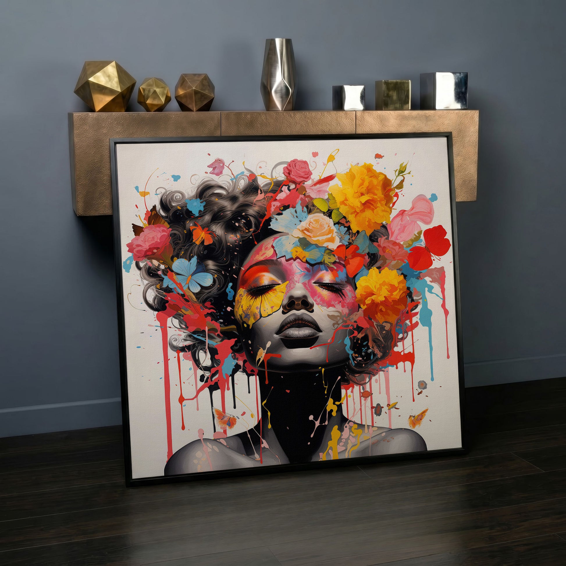 Black Woman with Flowers Canvas Print in black floating frame