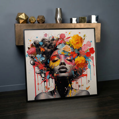 Black Woman with Flowers Canvas Print in black floating frame