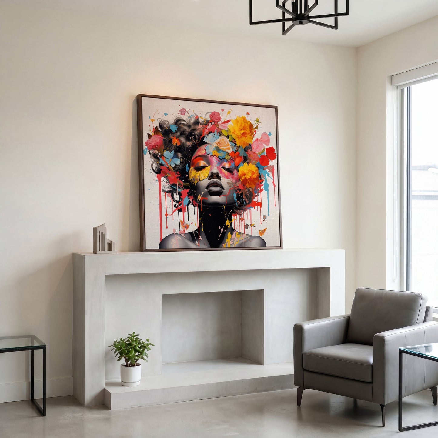 Black Woman with Flowers Canvas Print in dark walnut floating frame