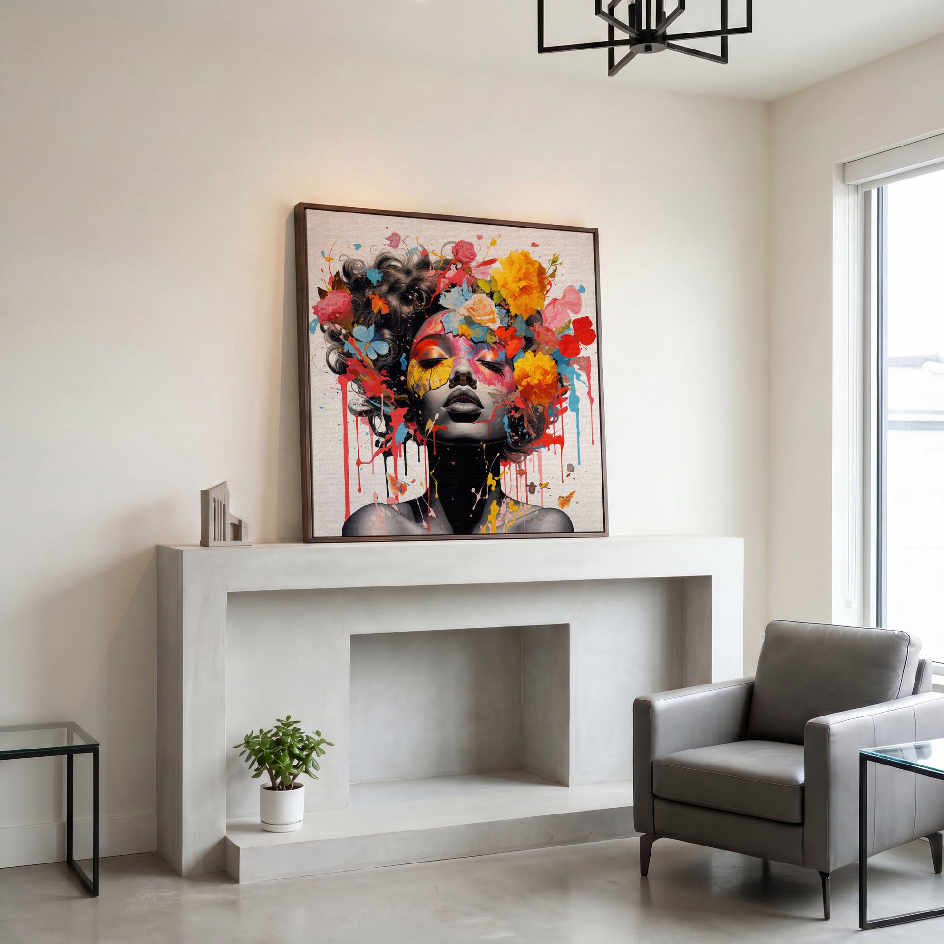 Black Woman with Flowers Canvas Print in dark walnut floating frame